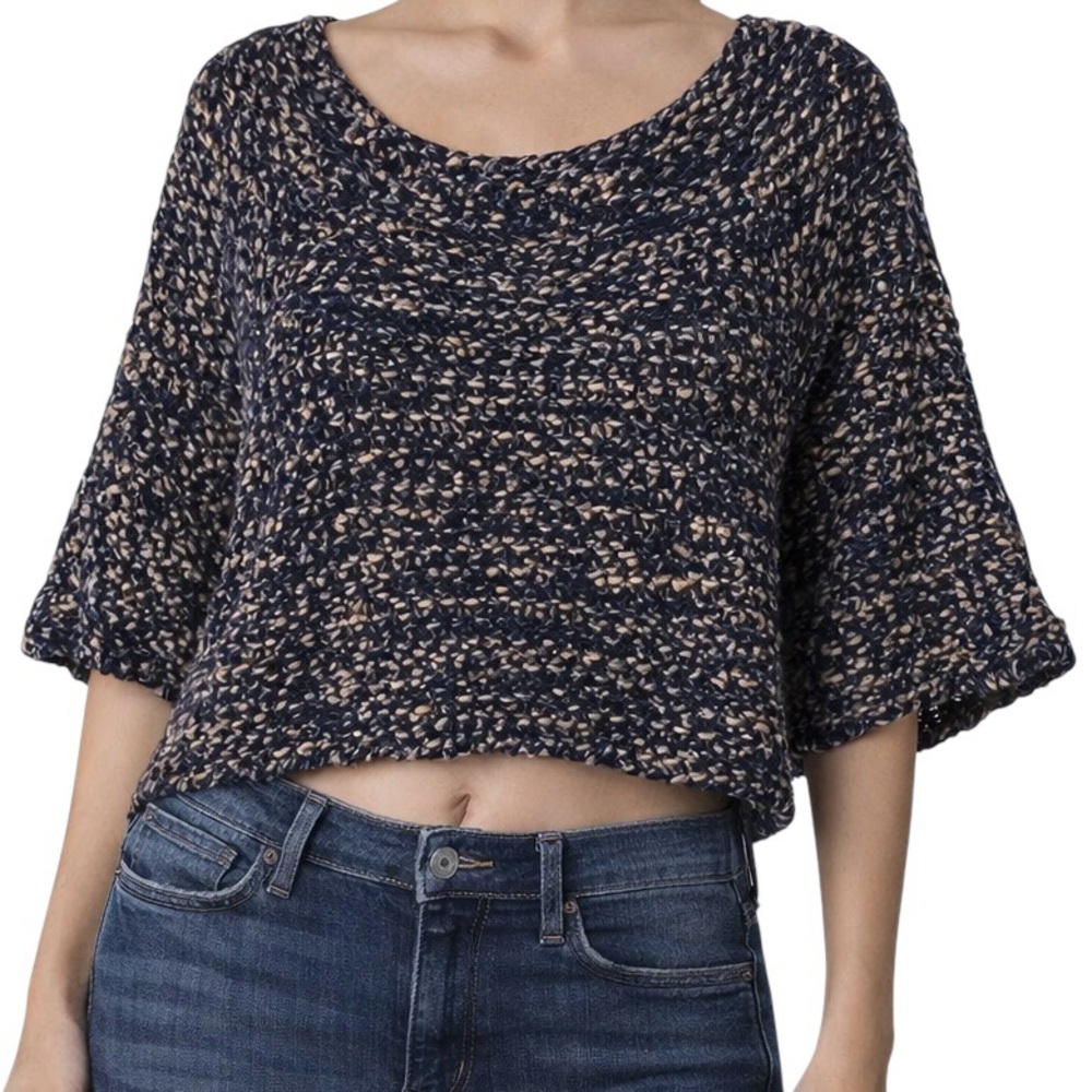 Silence + Noise Navy Gold Metallic Cropped Sweater Womens Small Chunky Knit